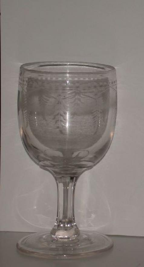 Clear glass, stemmed goblet with etched design of fern-like leaves.