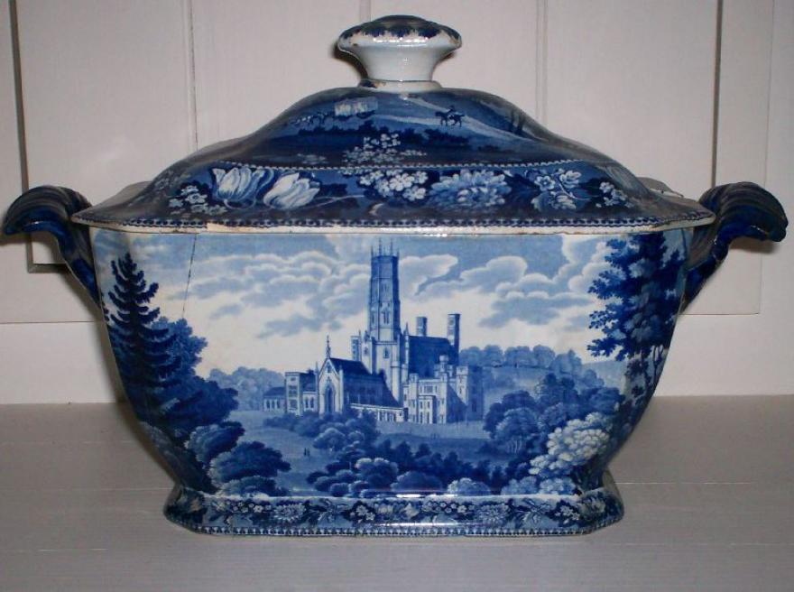 Blue and white Staffordshire Tureen.  Decorated with Haywain, horses and cathedrals in blue.