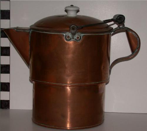 Large copper pot for water, coffee, tea.  Porcelain knob on top with wooden grip on bail.