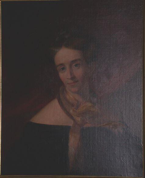 Woman Dressed in black gown with gold scarf knotted around her throat.  Mounted in plain gilt frame.