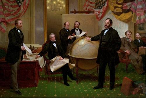  seven gentlemen in dark suits situated throughout a room draped with two U.S. flags and a Russian flag in upper left.  There are maps hanging in the background and a large world globe in the center of the room with a gentleman standing and pointing to NW Canada and Alaska. Men present in painting are Sec. William Henry. Seward (seated, with map on knee); Mr. Chew, chief clerk with the engrossed copy; Mr. Hunter and Mr. Bodisco comparing the English and French copies; Edward deStoeckl, Representative from 