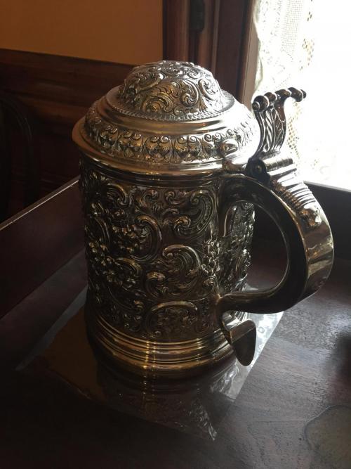 American silver stein by Howard and Co, NY. Inscription reads "Presented by John Jacob Astor to Caroline Rees Seward on the occasion of her marriage to Robert Endicott, December 16, 1885"